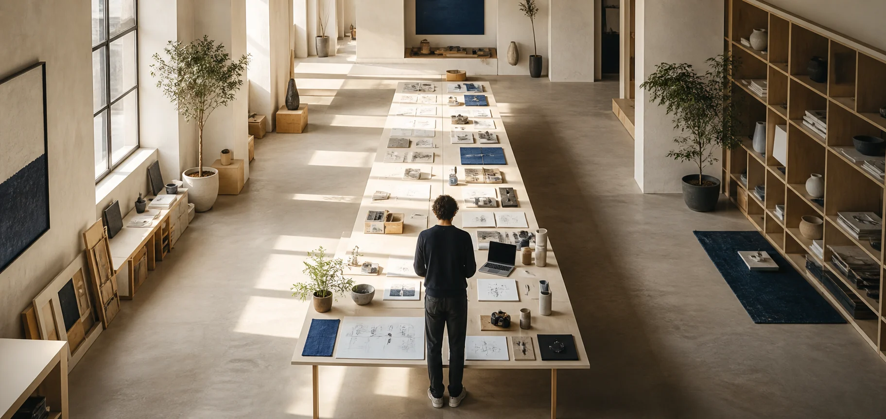 A creator standing at the center of a studio where many streams of work converge