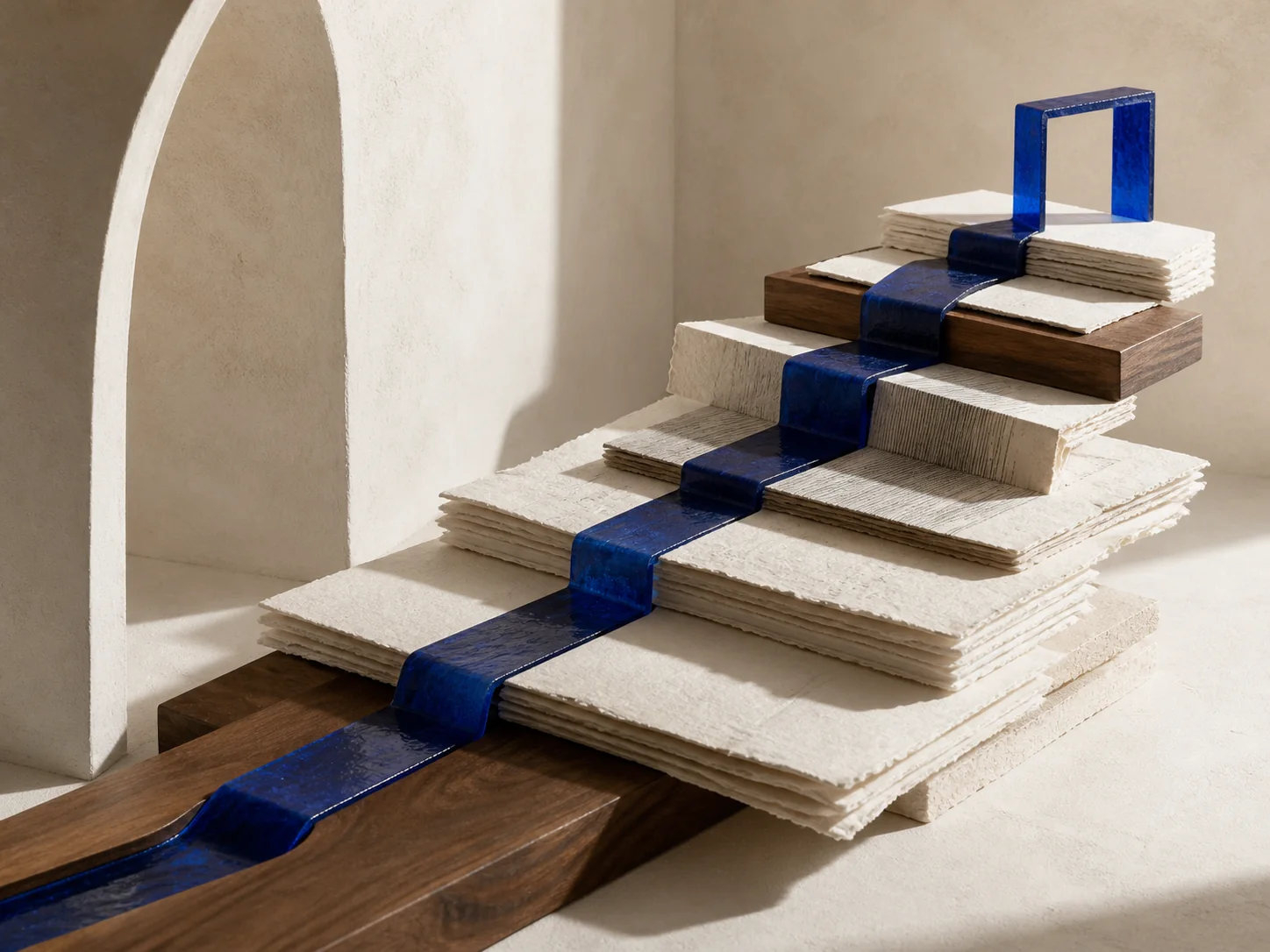 A cobalt glass path organizing layers of paper and wood into a finished structure