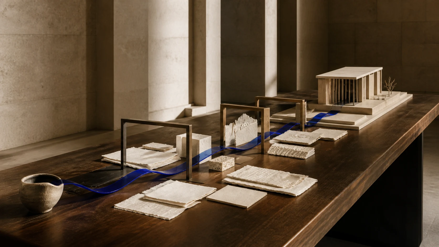 A cobalt glass path carrying rough material studies across a worktable into a finished architectural model