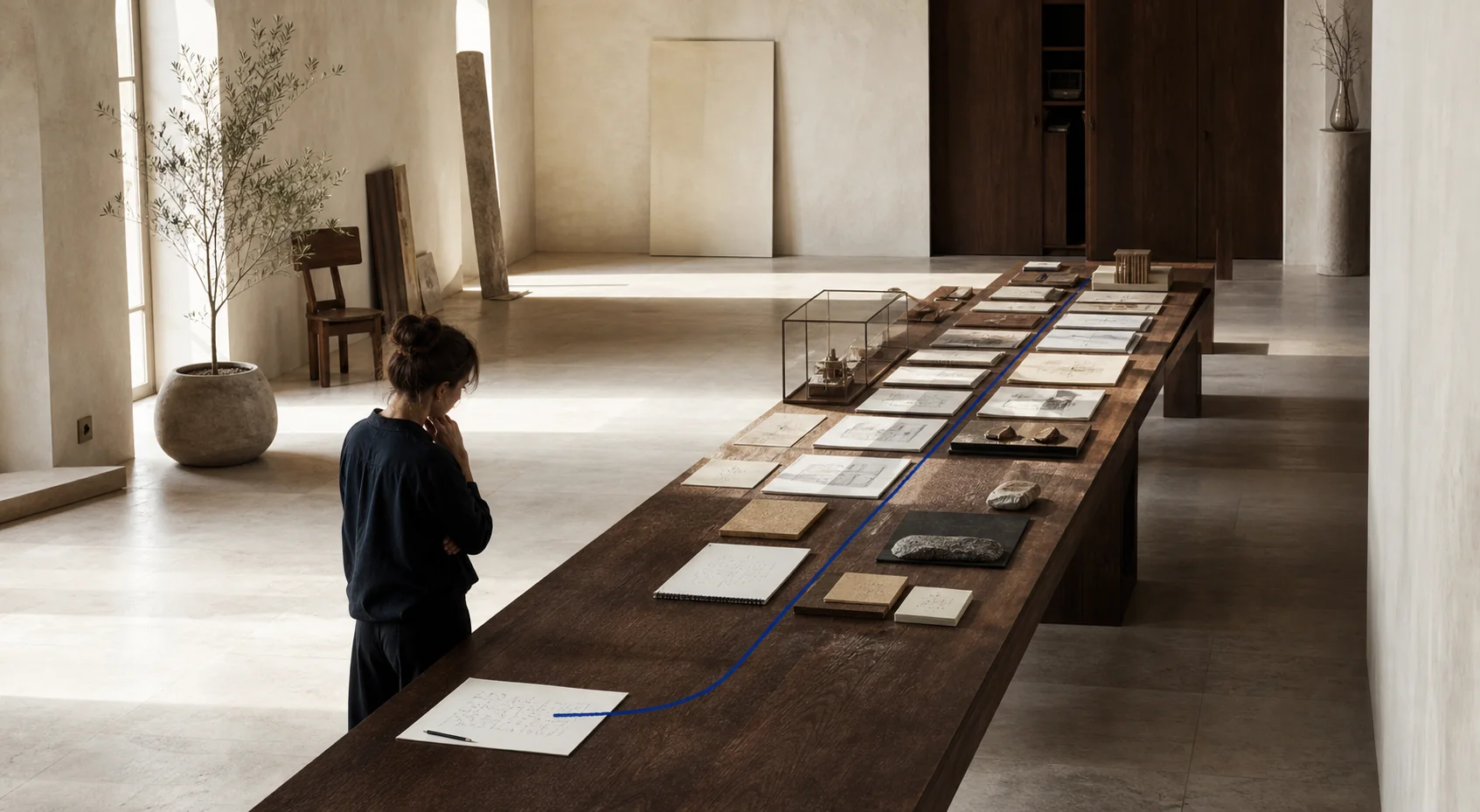 A creator beside a long studio table where one idea becomes an ordered body of finished work