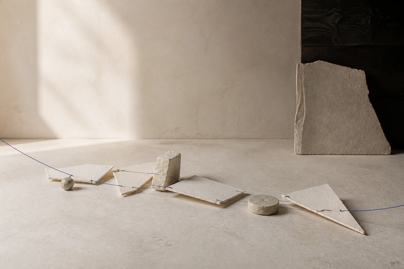 A fine cobalt thread reconnecting separate pieces of handmade paper and stone into one continuous path