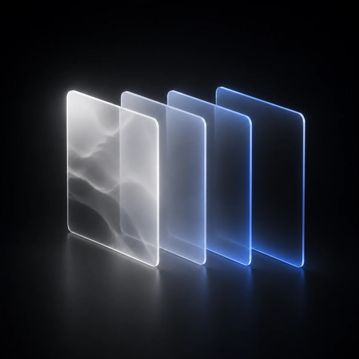 Four translucent glass layers separate from a complex surface into clear blue parts.