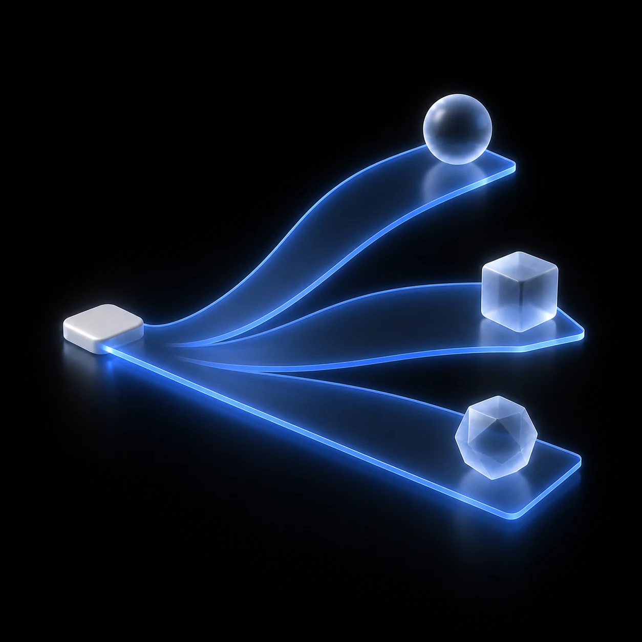 One luminous starting point branches into three blue paths leading to distinct glass possibilities.