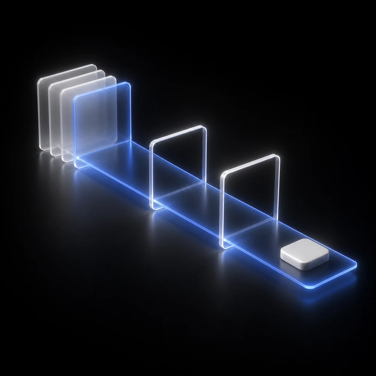 A glowing blue path moves from translucent decisions through two milestones to a solid result.